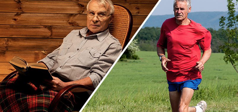 dual photo of a senior man reading a book and running outside