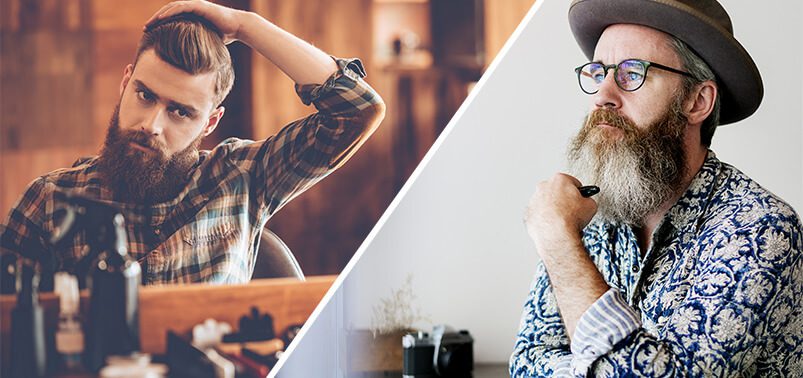 dual photo of a younger man doing his hair and an older man pondering