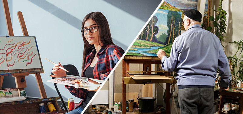 dual photo of a young woman painting and a senior man painting