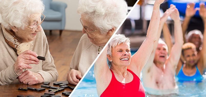 dual photo of two senior women playing dominos and seniors exercising in the pool